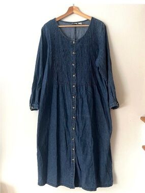 Vintage L.L. Bean Long Sleeve Denim Pintuck Dress Women's Plus Size 20 Petite